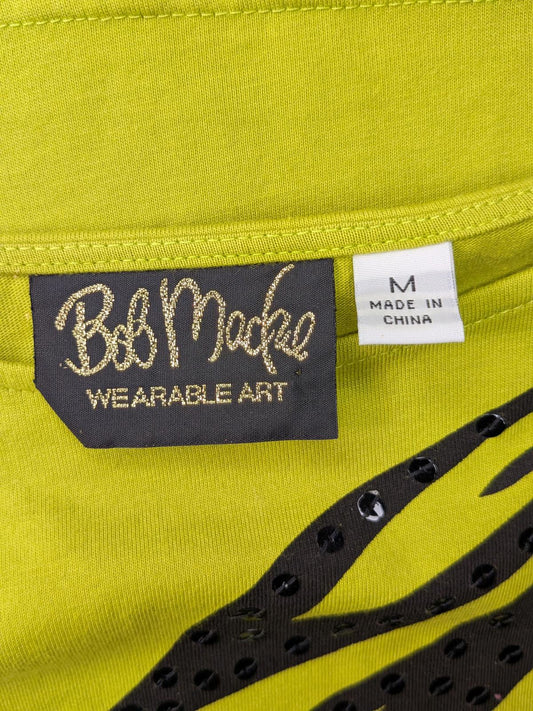Bob Macke Wearable Art Lime Green Graphic Tee with Black Stripes