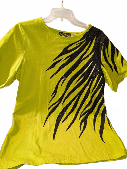 Bob Macke Wearable Art Lime Green Graphic Tee with Black Stripes