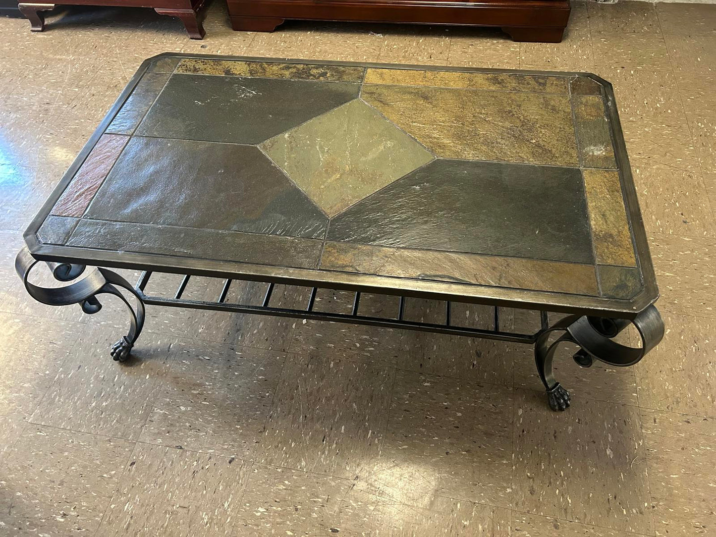 Stylish Slate Top Coffee Table with Wrought Iron Legs